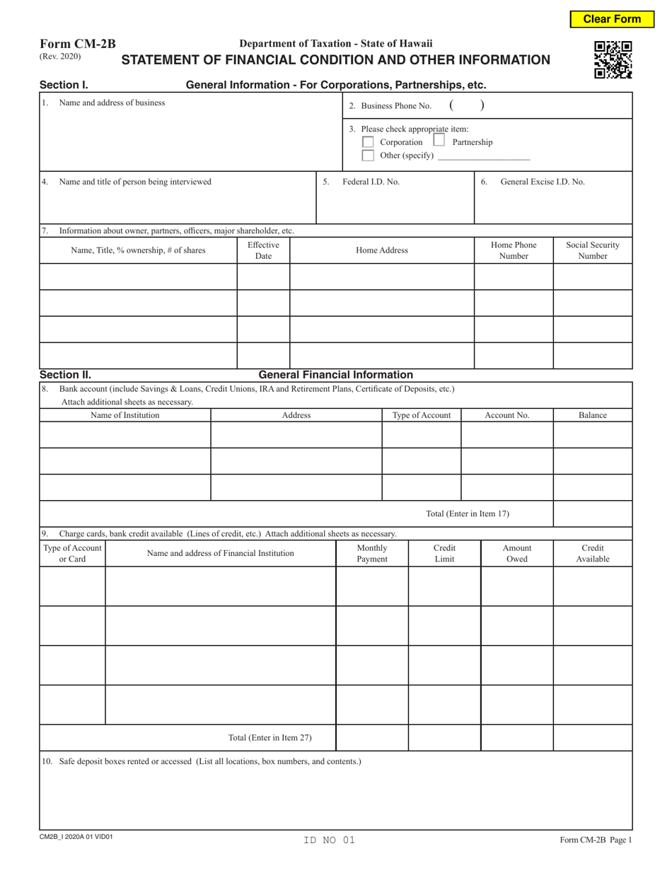 Form CM-2B Statement of Financial Condition and Other Information - for Corporations, Partnerships, Etc. - Hawaii, Page 1