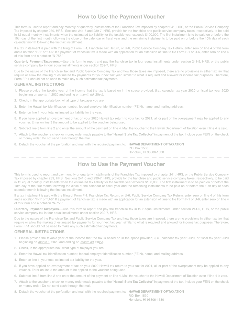 Form FP-1 Franchise Tax or Public Service Company Tax Installment Payment Voucher - Hawaii, Page 6