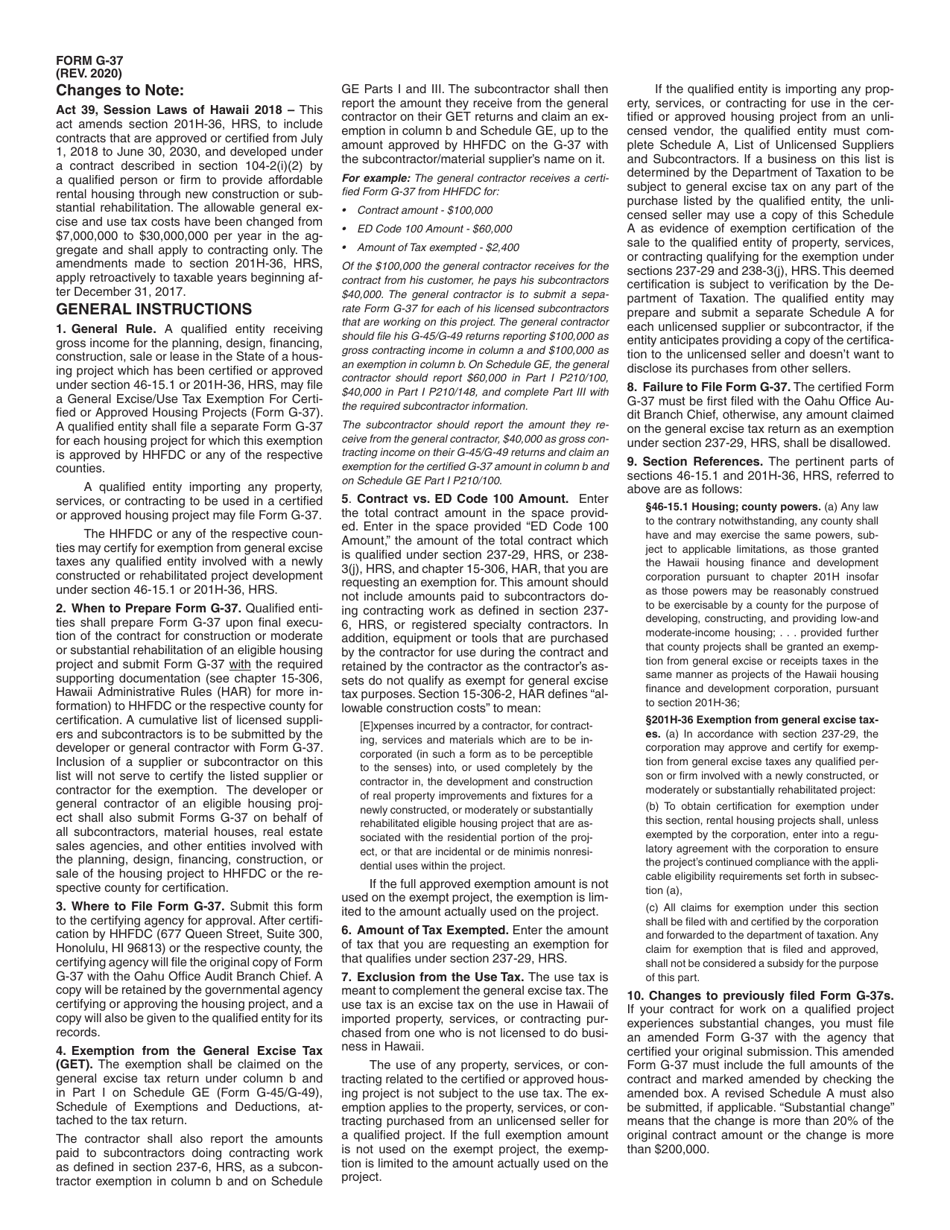 Form G-37 General Excise / Use Tax Exemption for Certified or Approved Housing Projects - Hawaii, Page 2