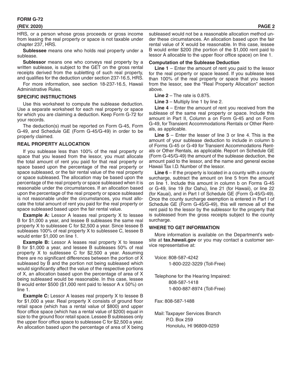 Form G-72 Sublease Deduction Worksheet - Hawaii, Page 2