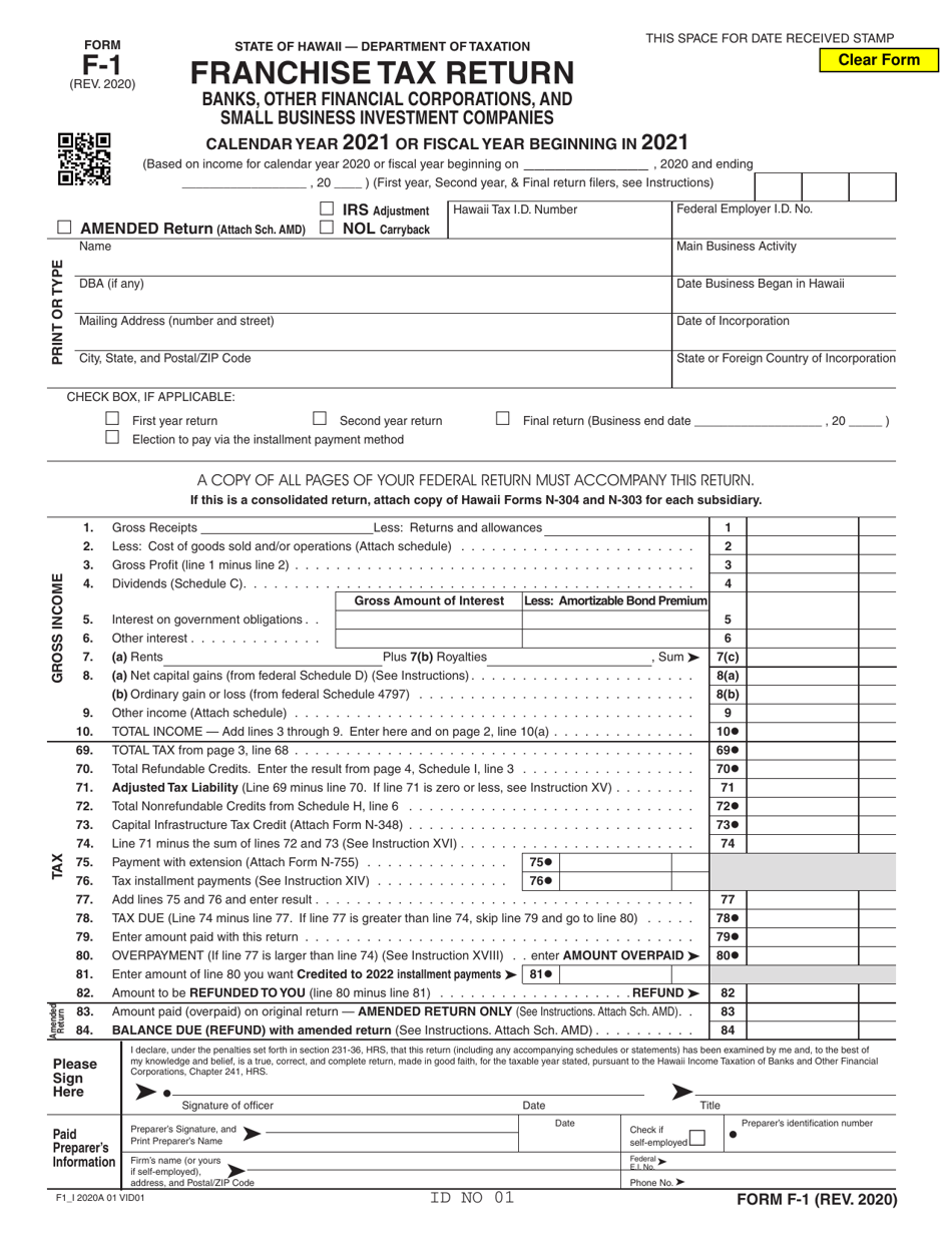 Form F-1 Franchise Tax Return - Banks, Other Financial Corporations, and Small Business Investment Companies - Hawaii, Page 1