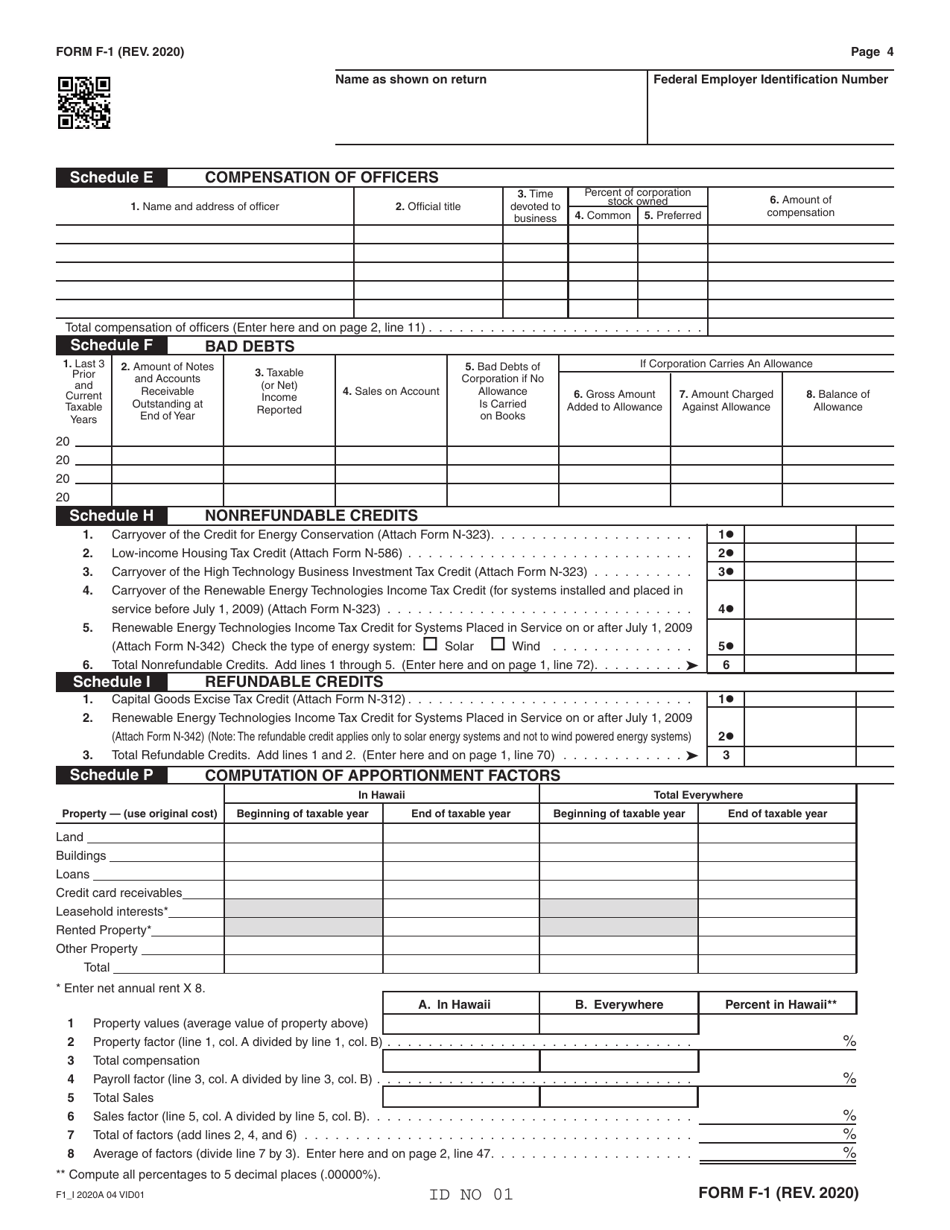 Form F-1 Franchise Tax Return - Banks, Other Financial Corporations, and Small Business Investment Companies - Hawaii, Page 4