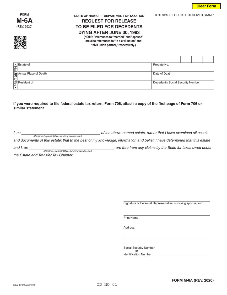 Form M-6A Request for Release to Be Filed for Decedents Dying After June 30, 1983 - Hawaii, Page 1