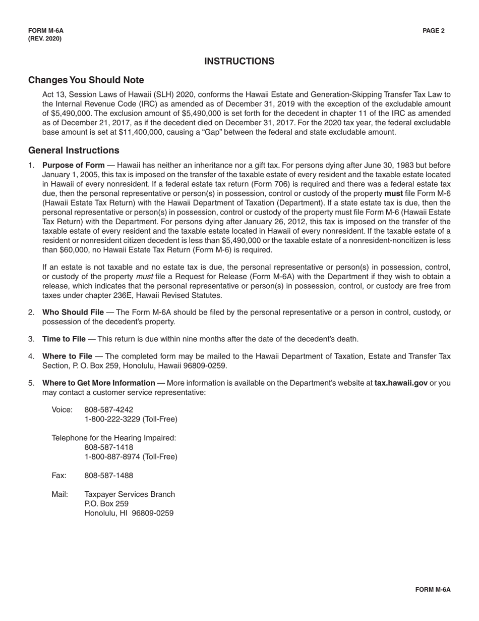 Form M-6A Request for Release to Be Filed for Decedents Dying After June 30, 1983 - Hawaii, Page 2