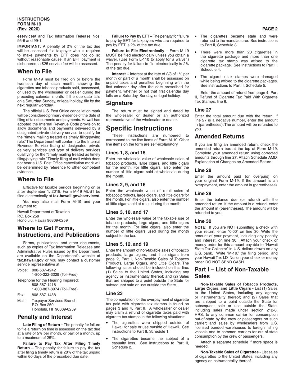 Instructions for Form M-19 Cigarette and Tobacco Products Monthly Tax Return - Hawaii, Page 2