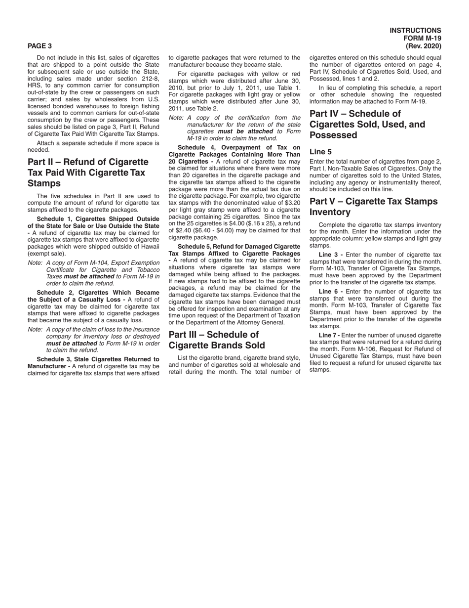Instructions for Form M-19 Cigarette and Tobacco Products Monthly Tax Return - Hawaii, Page 3