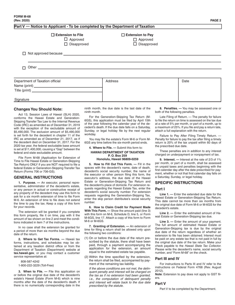 Form M-68 Application for Extension of Time to File Hawaii Estate Tax Return (Form M-6) or Hawaii Generation-Skipping Transfer Tax Return (M-6gs) and / or Pay Hawaii Estate (And Generation-Skipping Transfer) Taxes - Hawaii, Page 2