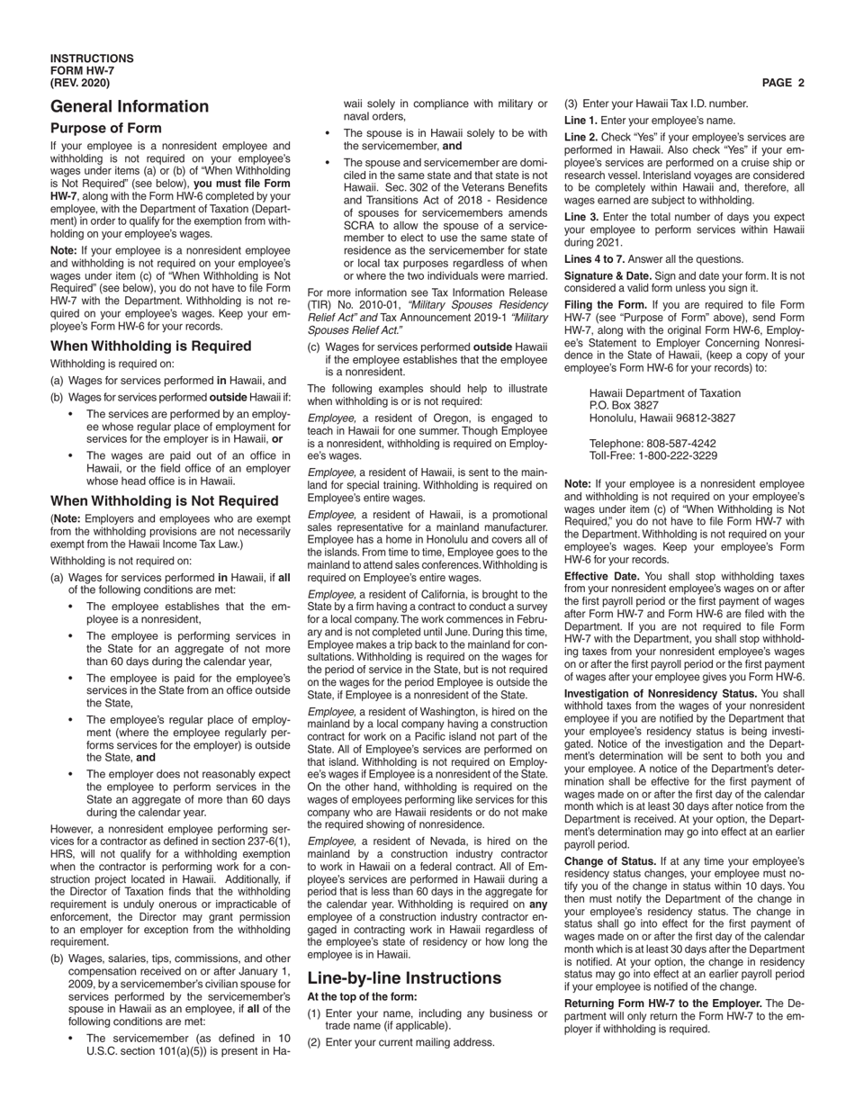 Form HW-7 Exemption From Withholding on Nonresident Employees Wages - Hawaii, Page 2