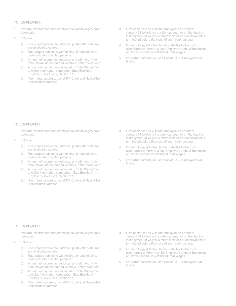 Form HW-2 Statement of Hawaii Income Tax Withheld and Wages Paid - Hawaii, Page 2