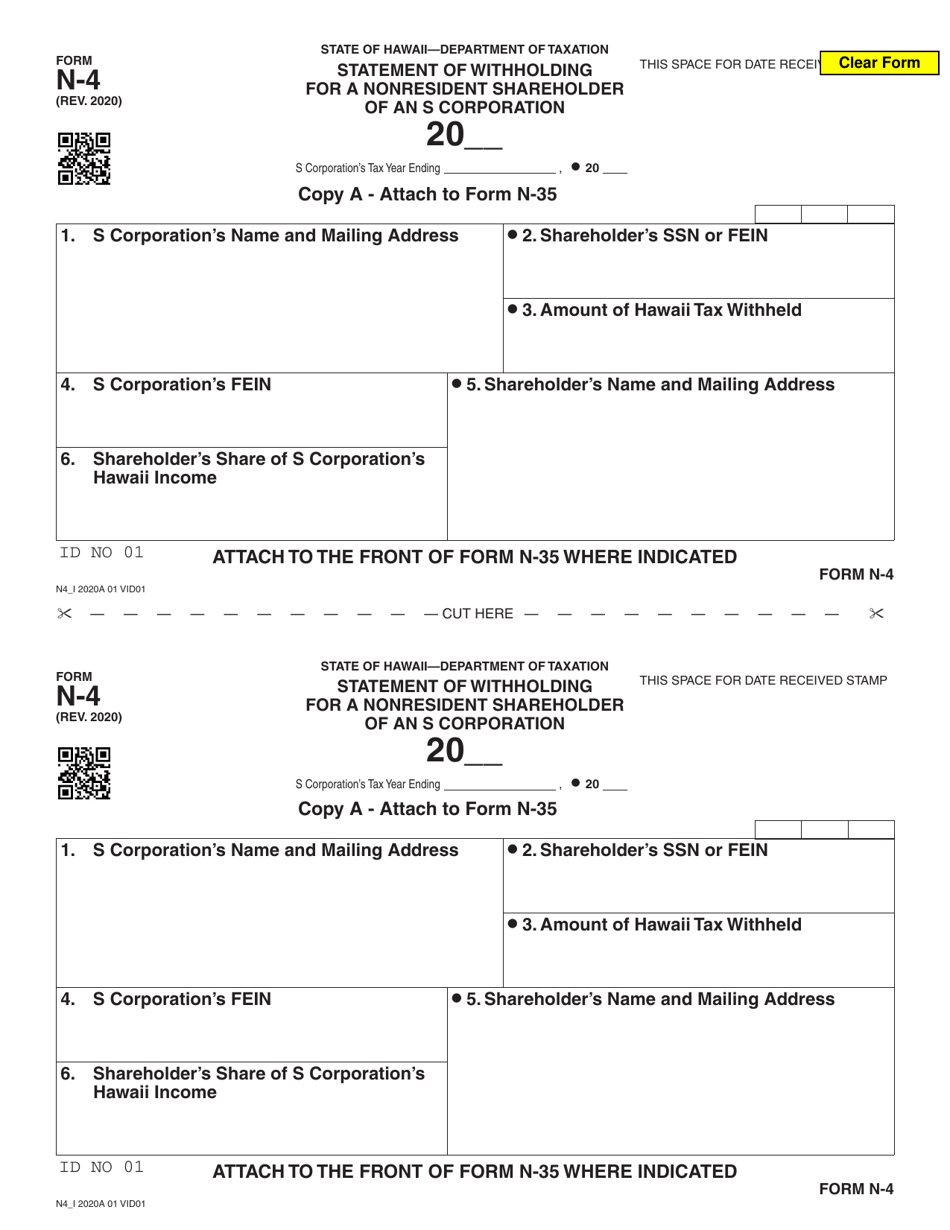 Form N-4 Statement of Withholding for a Nonresident Shareholder of an S Corporation - Hawaii, Page 1