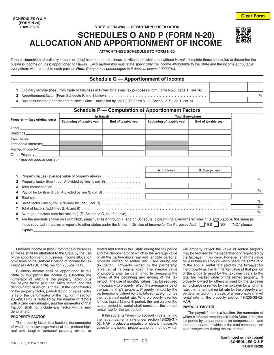 Form N-20 Schedule O, P Allocation and Apportionment of Income - Hawaii, Page 1