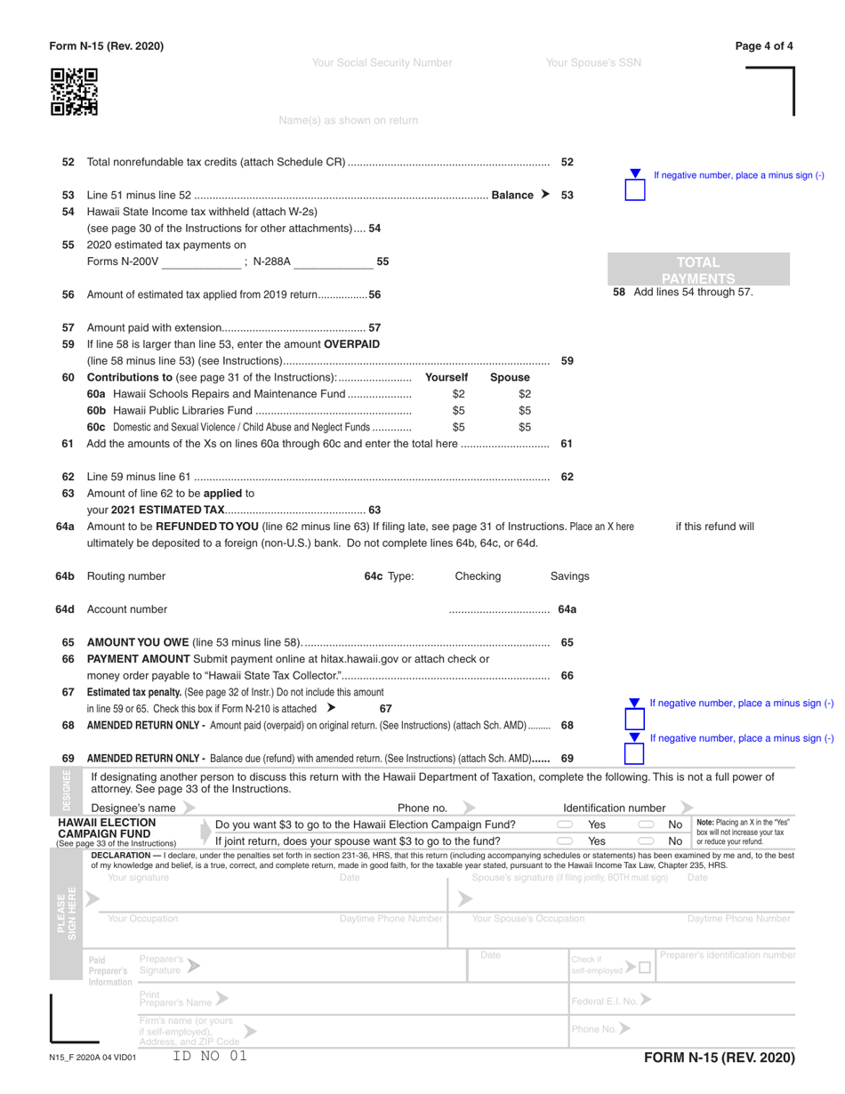 Form N-15 Individual Income Tax Return (Nonresidents and Part-Year Residents) - Hawaii, Page 4