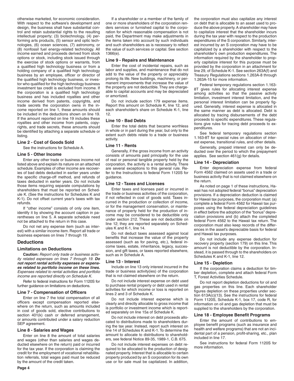 Instructions for Form N-35 S Corporation Income Tax Return - Hawaii, Page 4