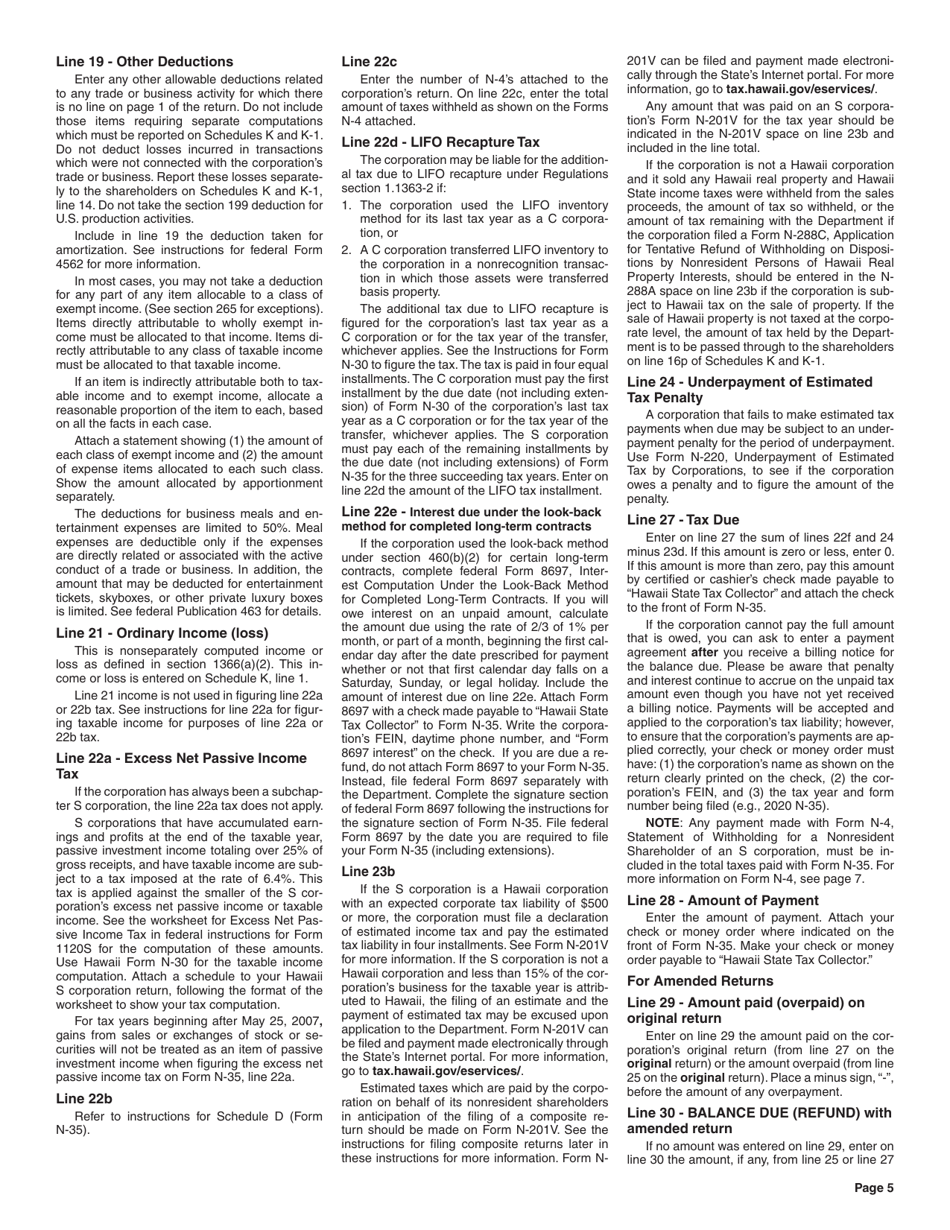 Instructions for Form N-35 S Corporation Income Tax Return - Hawaii, Page 5