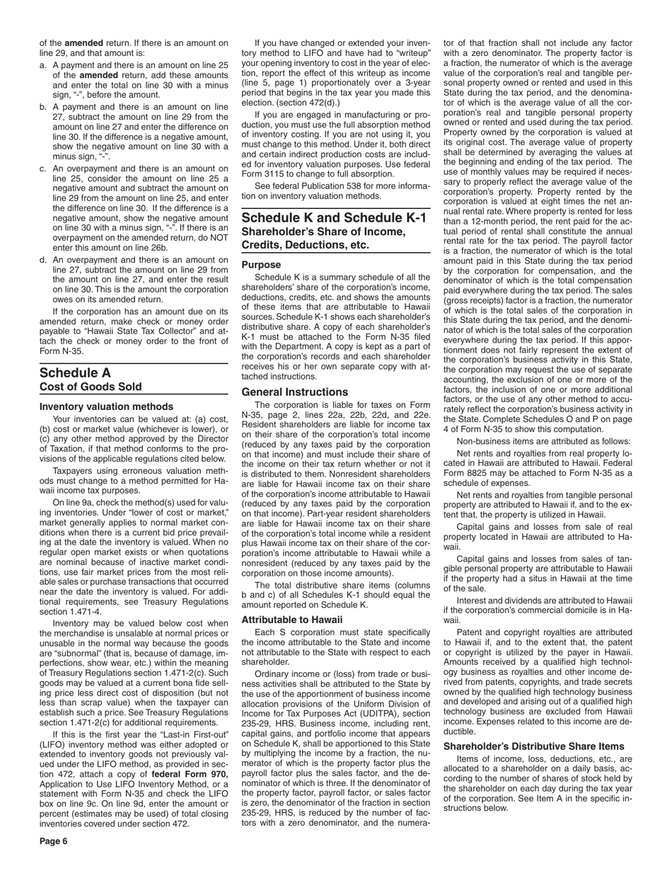 Instructions for Form N-35 S Corporation Income Tax Return - Hawaii, Page 6