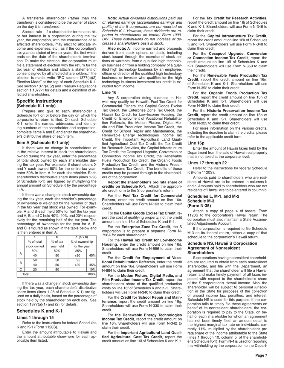 Instructions for Form N-35 S Corporation Income Tax Return - Hawaii, Page 7