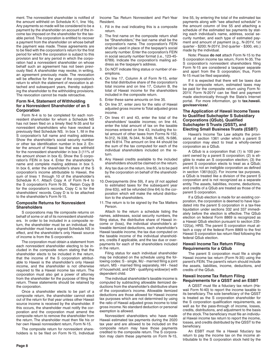 Instructions for Form N-35 S Corporation Income Tax Return - Hawaii, Page 8