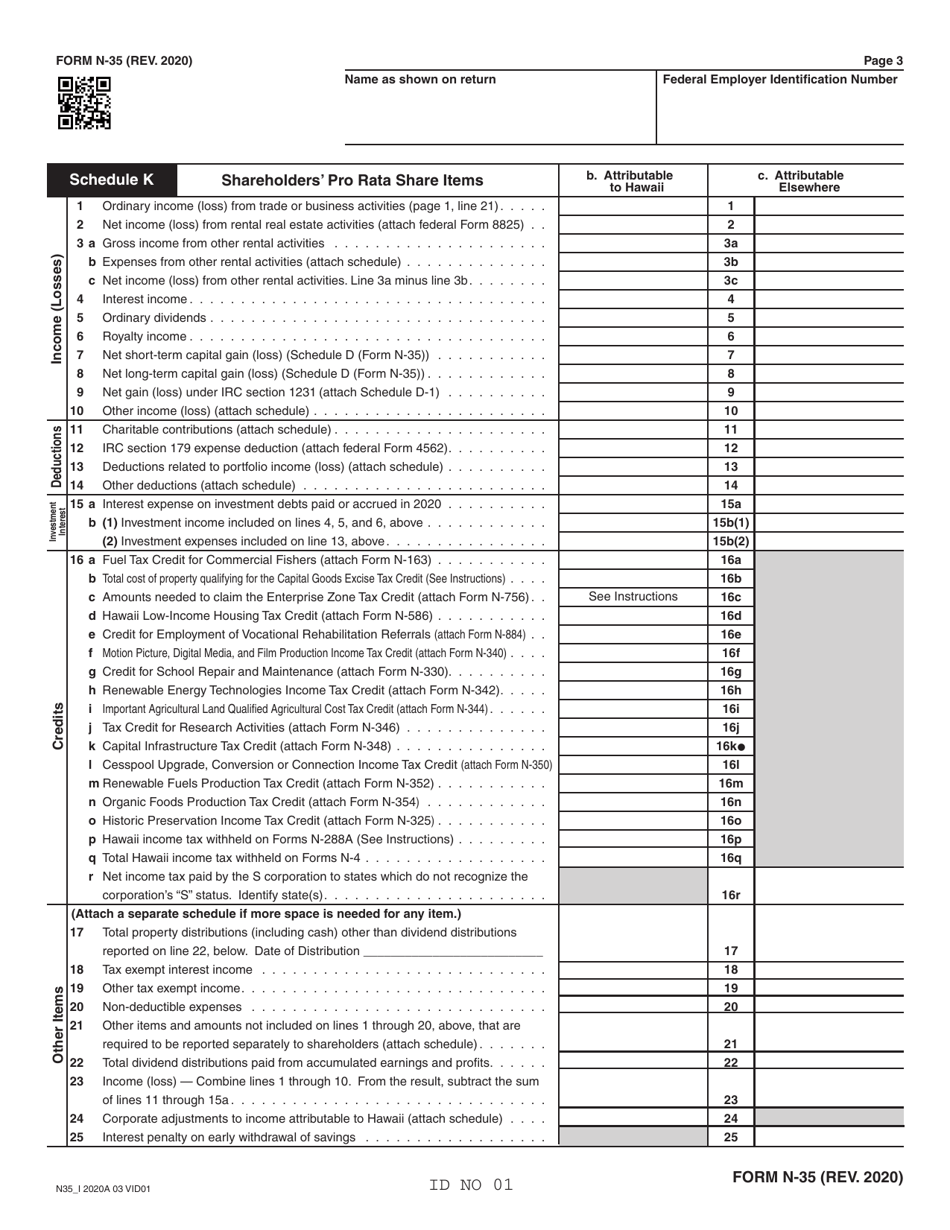 Form N-35 S Corporation Income Tax Return - Hawaii, Page 3