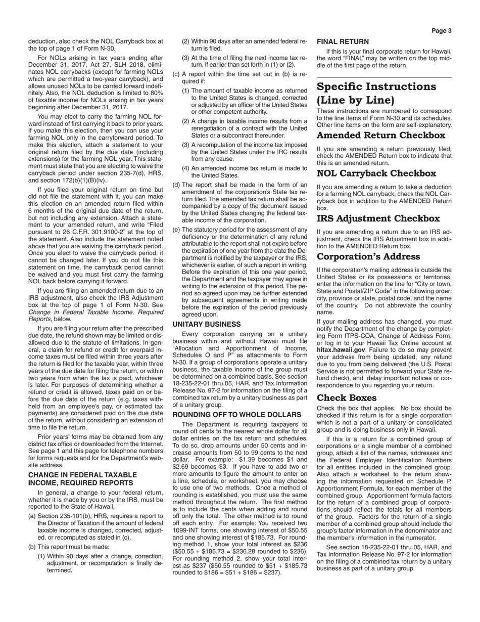 Instructions for Form N-30 Corporation Income Tax Return - Hawaii, Page 3