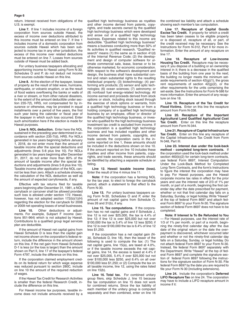 Instructions for Form N-30 Corporation Income Tax Return - Hawaii, Page 6