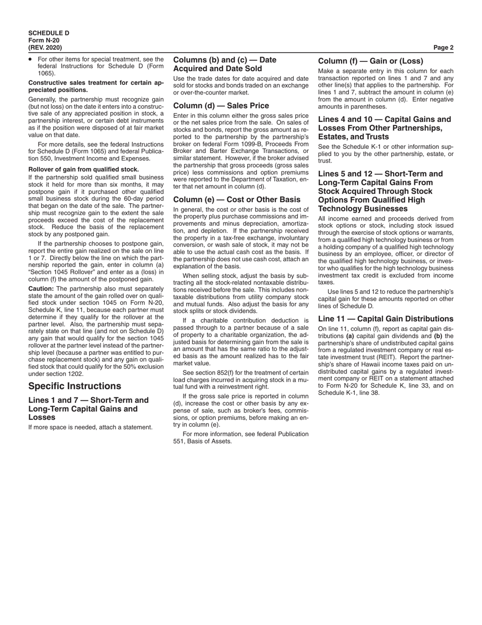 Form N-20 Schedule D Capital Gains and Losses - Hawaii, Page 2