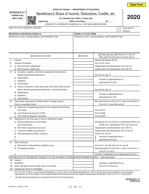 Form N-40 Schedule K-1 2020 Printable Pdf