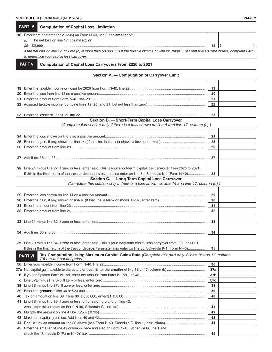 Form N-40 Schedule D Capital Gains and Losses - Hawaii, Page 2