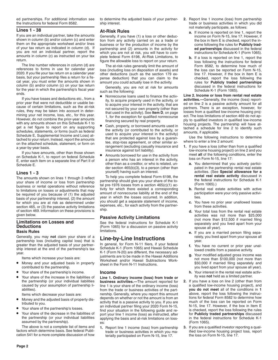 Instructions for Form N-20 Schedule K-1 Partners Share of Income, Credits, Deductions, Etc. - Hawaii, Page 2