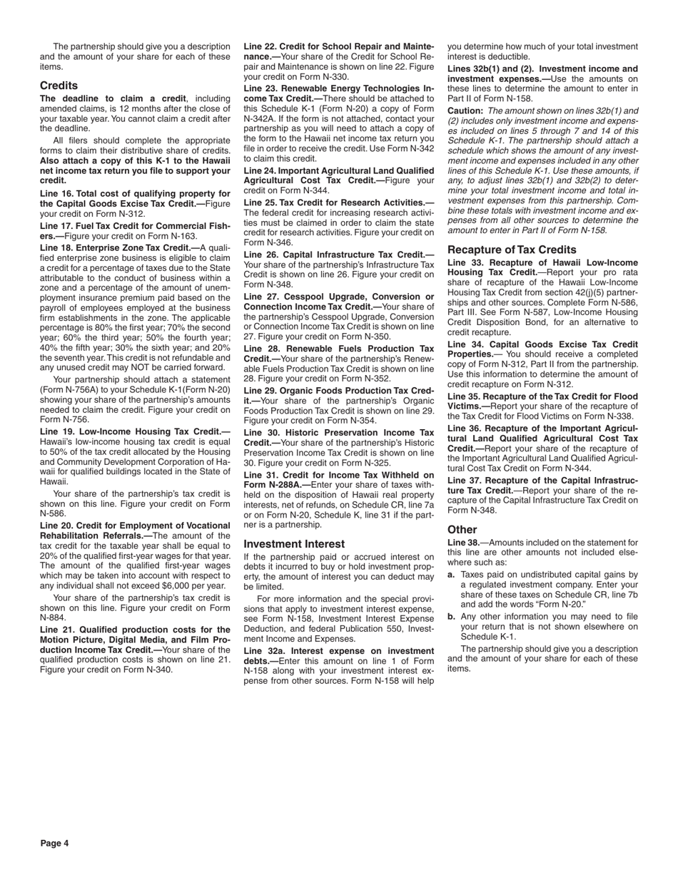 Instructions for Form N-20 Schedule K-1 Partners Share of Income, Credits, Deductions, Etc. - Hawaii, Page 4