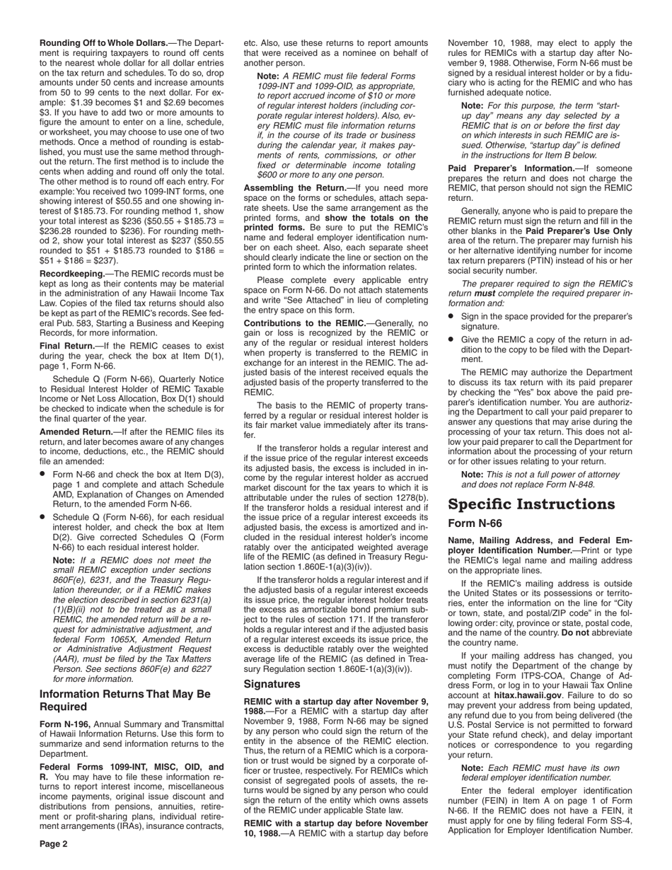 Instructions for Form N-66 Real Estate Mortgage Investment Conduit Income Tax Return - Hawaii, Page 2