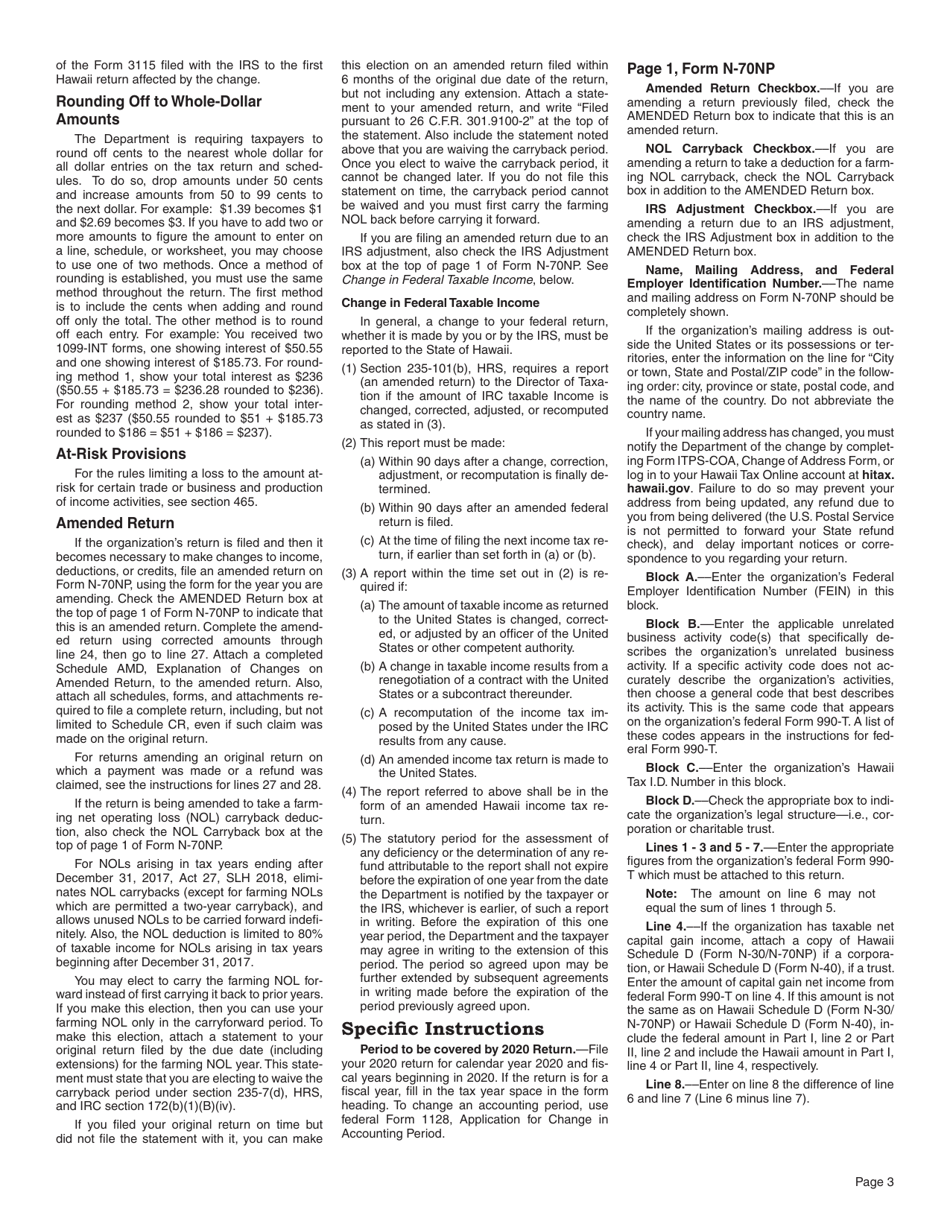 Instructions for Form N-70NP Exempt Organization Business Income Tax Return - Hawaii, Page 3