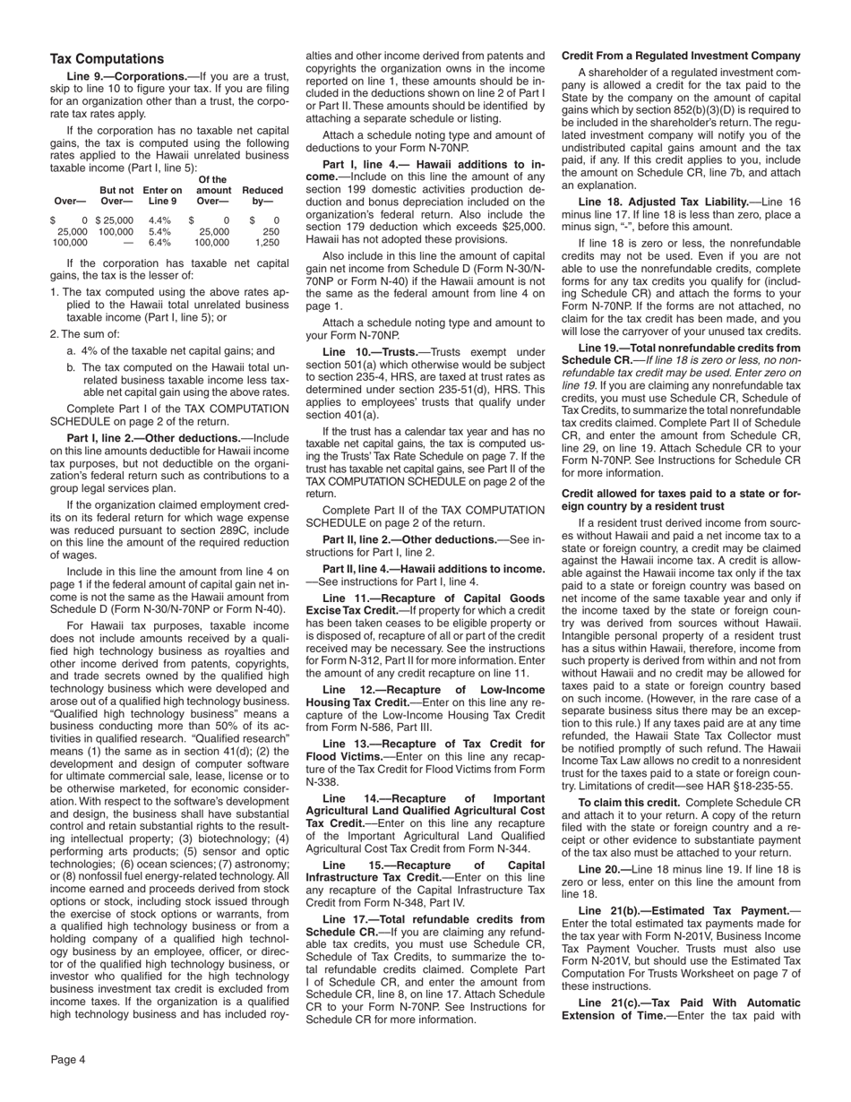 Instructions for Form N-70NP Exempt Organization Business Income Tax Return - Hawaii, Page 4