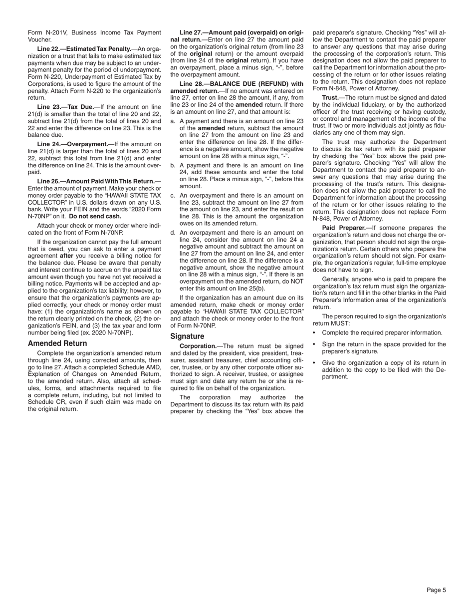 Instructions for Form N-70NP Exempt Organization Business Income Tax Return - Hawaii, Page 5