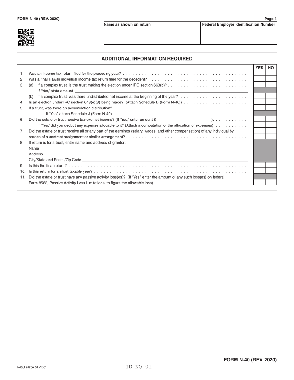 Form N-40 Fiduciary Income Tax Return - Hawaii, Page 4