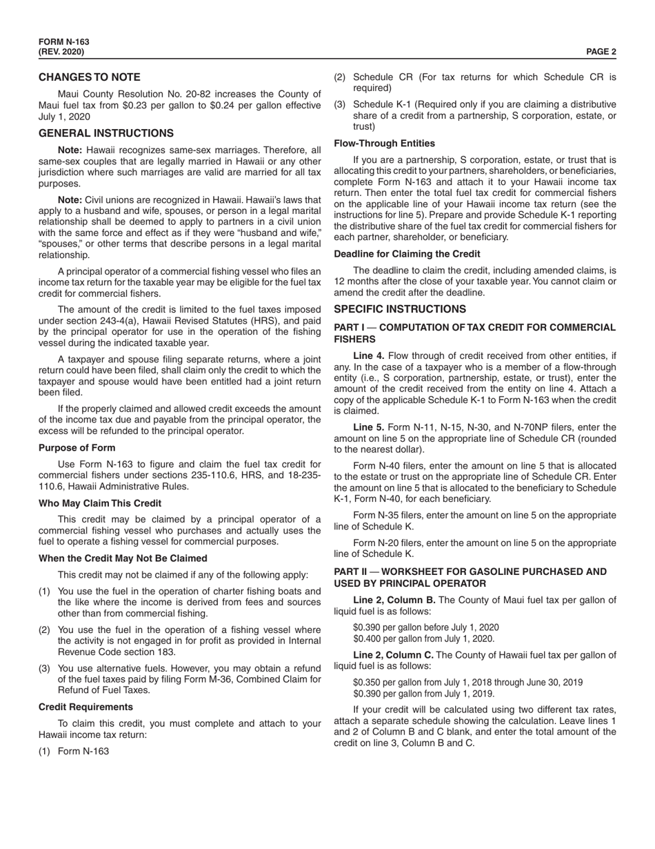 Form N-163 Fuel Tax Credit for Commercial Fishers - Hawaii, Page 2