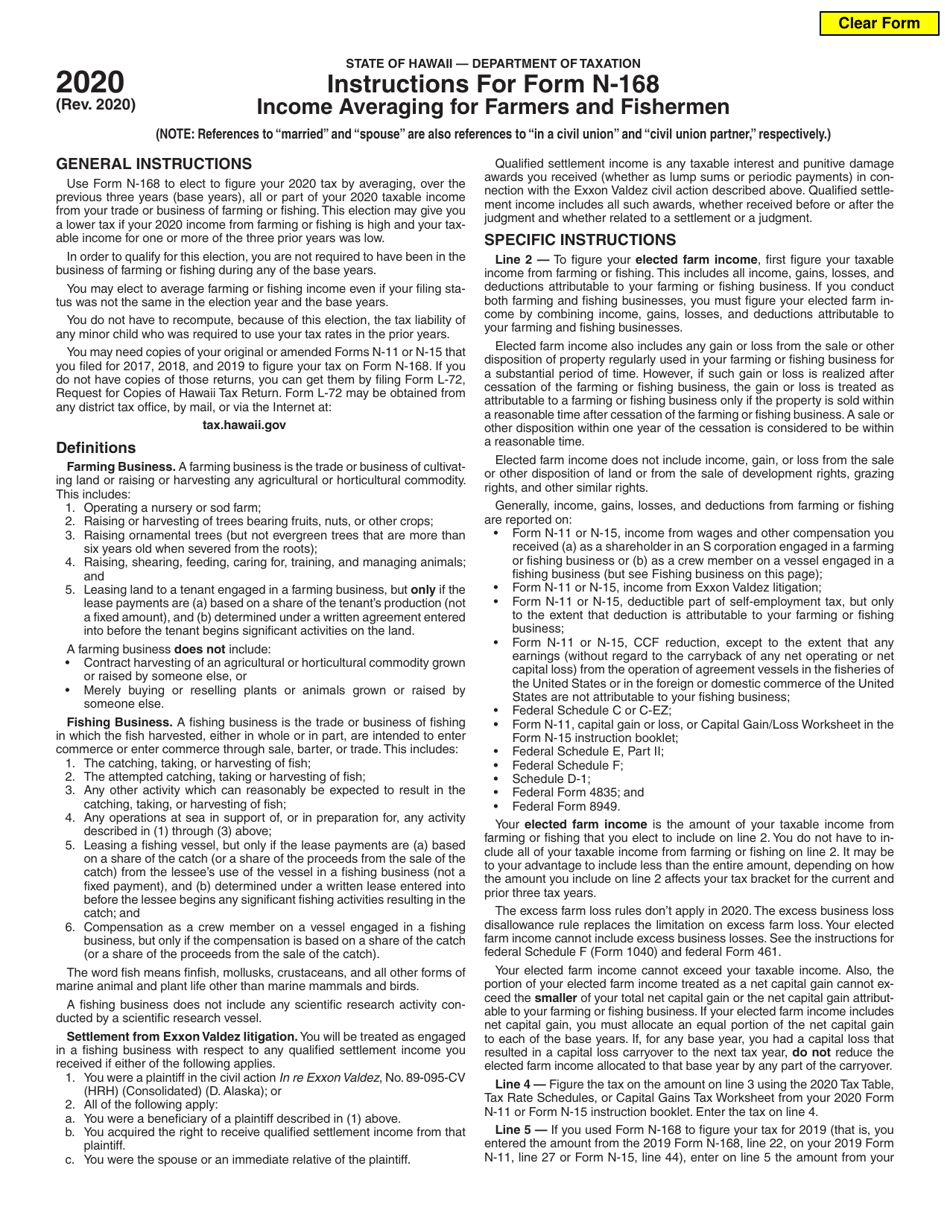 Instructions for Form N-168 Income Averaging for Farmers and Fishermen - Hawaii, Page 1