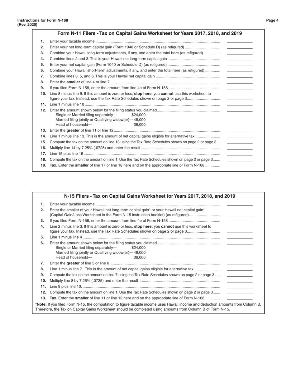 Instructions for Form N-168 Income Averaging for Farmers and Fishermen - Hawaii, Page 4