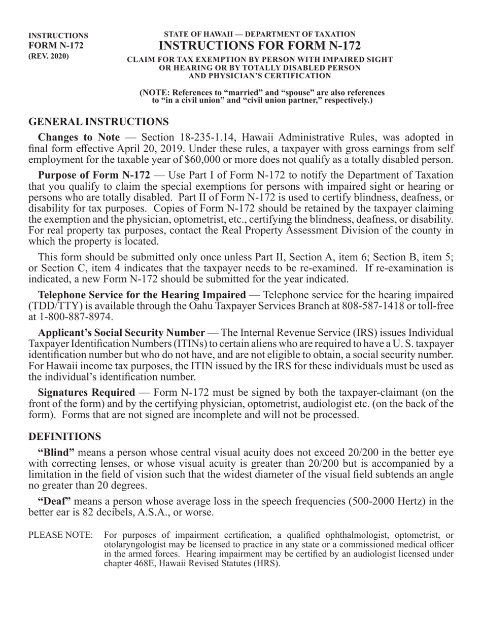 Instructions for Form N-172 Claim for Tax Exemption by Person With Impaired Sight or Hearing or by Totally Disabled Person and Physicians Certification - Hawaii, Page 1