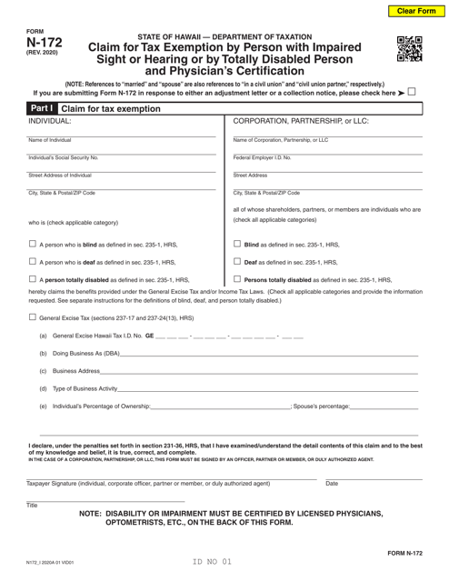 Form N-172 Claim for Tax Exemption by Person With Impaired Sight or Hearing or by Totally Disabled Person and Physician's Certification - Hawaii