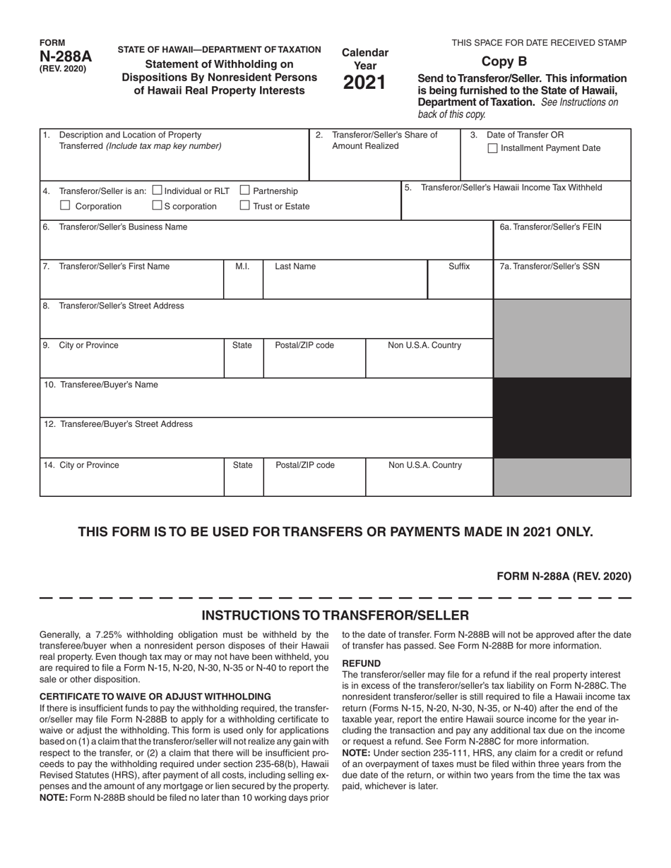 Form N-288A Statement of Withholding on Dispositions by Nonresident Persons of Hawaii Real Property Interests - Hawaii, Page 3