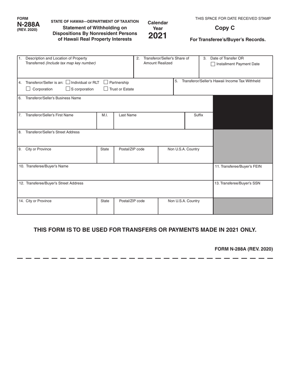 Form N-288A Statement of Withholding on Dispositions by Nonresident Persons of Hawaii Real Property Interests - Hawaii, Page 5