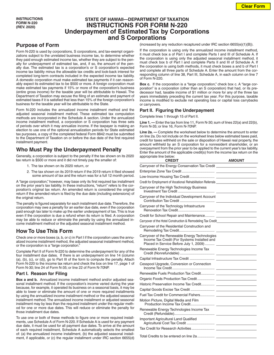 Instructions for Form N-220 Underpayment of Estimated Tax by Corporations and S Corporations - Hawaii, Page 1