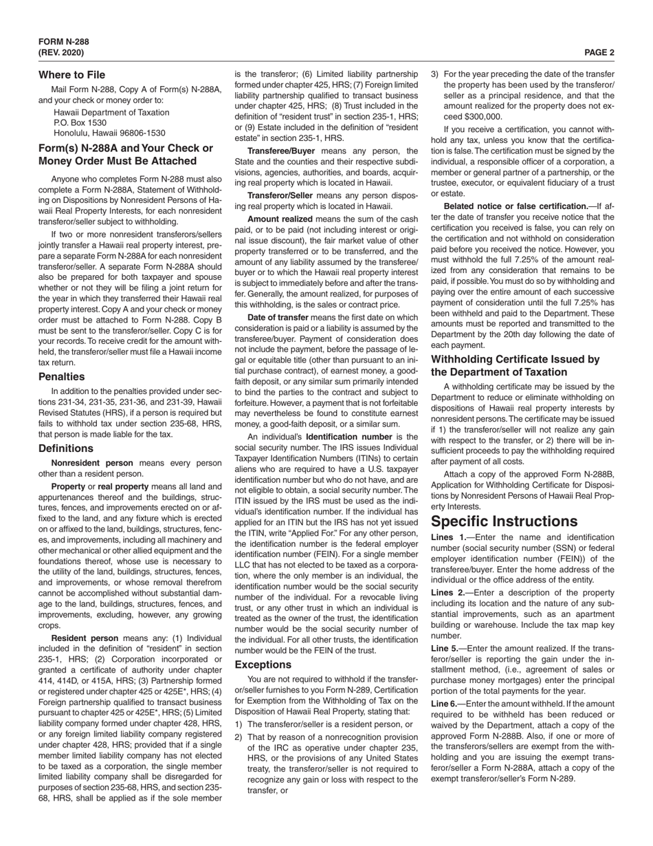 Form N-288 Hawaii Withholding Tax Return for Dispositions by Nonresident Persons of Hawaii Real Property Interests - Hawaii, Page 2