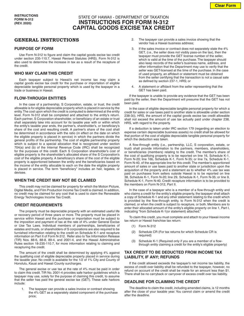 Instructions for Form N-312 Capital Goods Excise Tax Credit - Hawaii, Page 1