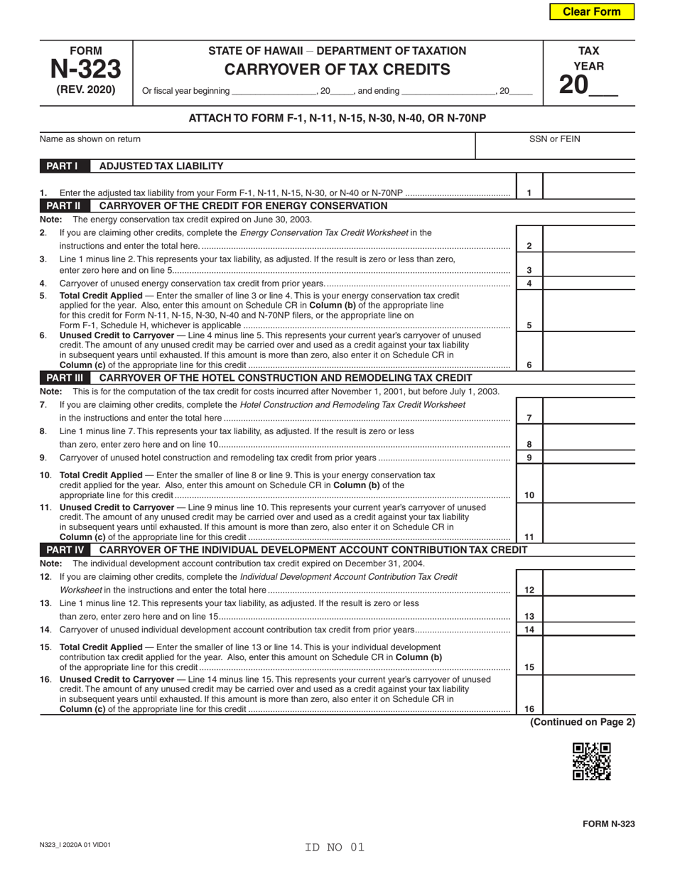 Form N-323 Carryover of Tax Credits - Hawaii, Page 1