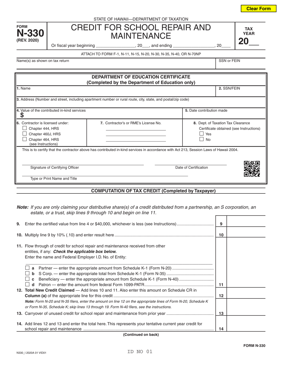 Form N-330 Credit for School Repair and Maintenance - Hawaii, Page 1