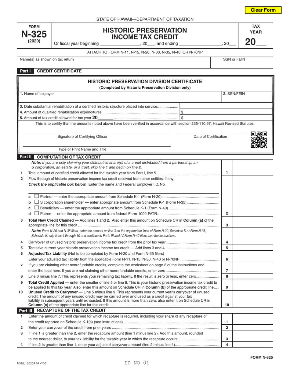 Form N-325 Historic Preservation Income Tax Credit - Hawaii, Page 1