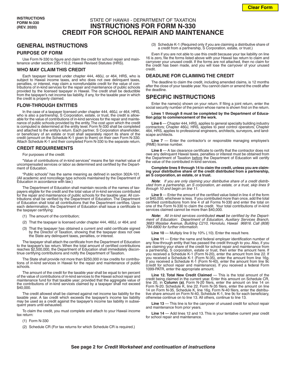 Instructions for Form N-330 Credit for School Repair and Maintenance - Hawaii, Page 1