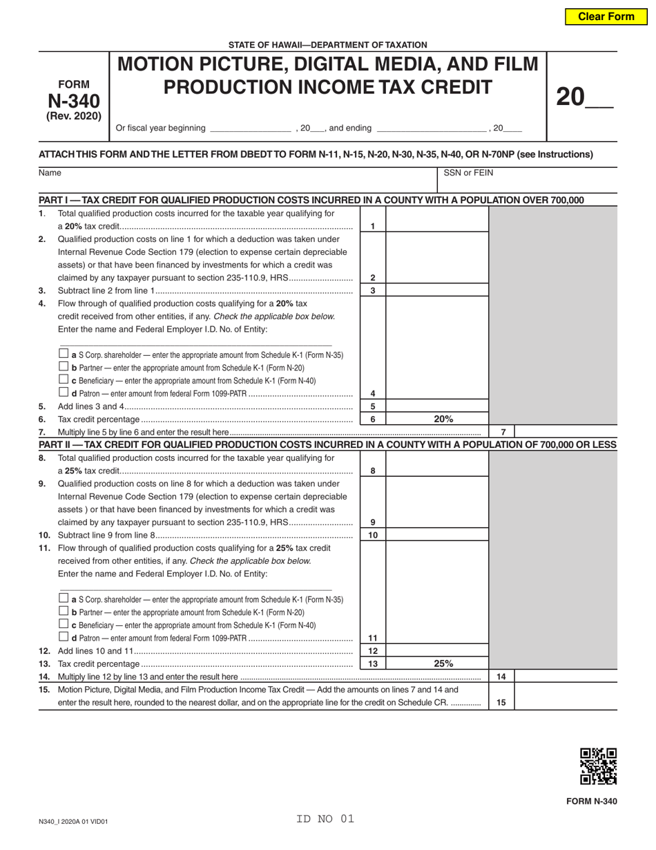 Form N-340 Motion Picture, Digital Media, and Film Production Income Tax Credit - Hawaii, Page 1
