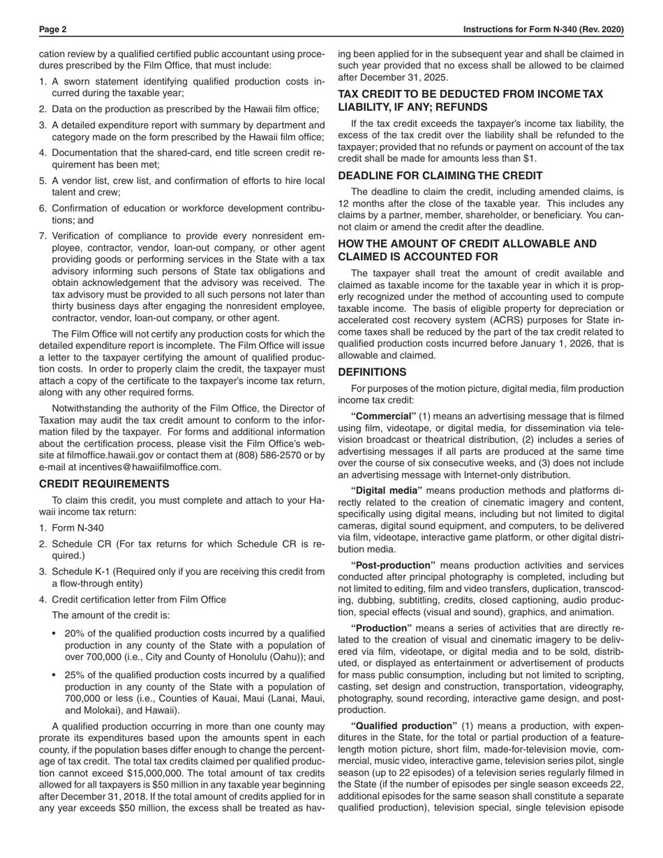 Instructions for Form N-340 Motion Picture, Digital Media, and Film Production Income Tax Credit - Hawaii, Page 2